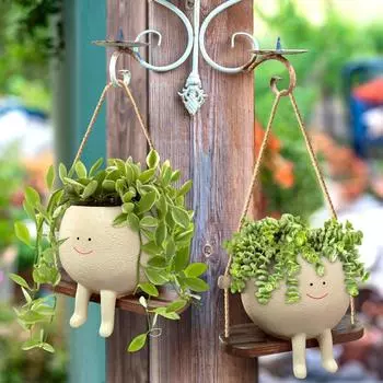 Creative Swing Face Planter Flower Pot Wall Planter Pot Resin Smiling Face Planter Wall Hanging Head Planter Garden Decoration