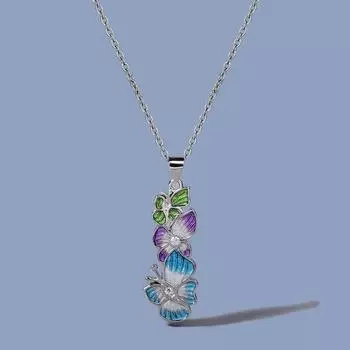 Creative Two butterfly Lacquer Pendant with Long Enameled Leaf and Flower Necklace