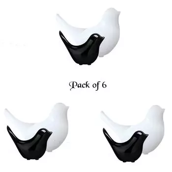 Creative White and Black Glossy Ceramic Birds Figurines Home Decorations Accessories Party (Pack of 6, Black & White)