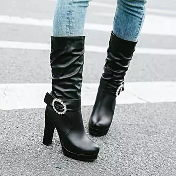 Cresfimix Botas Femininas женские классические сапоги с круглым носком до середины голени осенне-зимние длинные женские повседневные черные туфли больших размеров a689 34