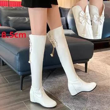 Cresfimix Botas Femininas Женские повседневные сапоги выше колена с круглым носком и увеличенной высотой, осенне-зимние, женские лакированные кожаные сапоги A678 34