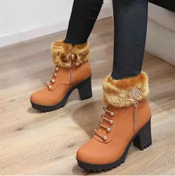 Cresfimix Bottes Botas Femininas Женские симпатичные зимние теплые ботинки с круглым носком и квадратным каблуком, женские прохладные коричневые удобные туфли с боковой молнией A15b 35