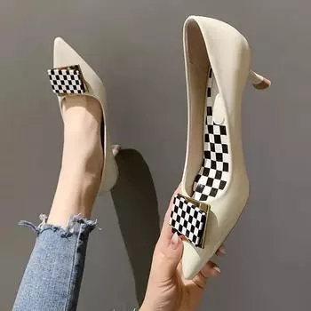 Cresfimix Femmes Talons Hauts Women Fashion Plaid High Quality Pointed Toe Pu Leather Spring Slip on Stiletto Heels Shoes A304 35
