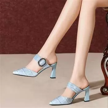 Cresfimix Sapatos Femininas Женская мода Большие размеры Небесно-голубой клетчатый узор Туфли без застежек на высоком каблуке Милые сексуальные осенние туфли-лодочки A396 34