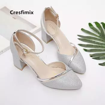 Cresfimix Sapatos Femininas Женская мода серебристого цвета Высококачественные туфли с пряжкой на ремешке Комфорт Весна и Лето Туфли на каблуке Женские туфли-лодочки A1320 35