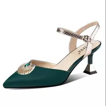 Cresfimix Women Fashion Sweet Green Satin High Quality Buckle Strap Stiletto Heels Lady Cute Black Shoes for Party Club A414 34