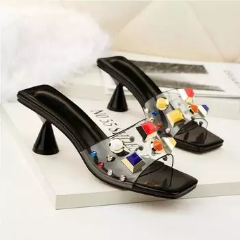 Cresfimix Women Fashion Sweet Transparent Slip on High Heel Sandals Lady Cute Light Weight Rivet Summer Comfort Sandals A110 34