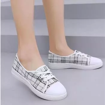 Cresfimix Zapatos Women Cute Round Toe White Plaid Canvas Shoes Lady Fashion Black Comfort Spring & Autumn Anti Skid Shoes A472 35