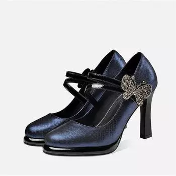 Cresfimix женские крутые темно-синие туфли с кристаллами и блестками на высоком каблуке, женские модные водонепроницаемые весенние и летние туфли-лодочки из кожи на каблуке A435 34