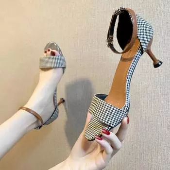 Cresfimix женские модные черные клетчатые узоры высокого качества на шпильке летние босоножки женские удобные летние туфли на каблуке A9501 35