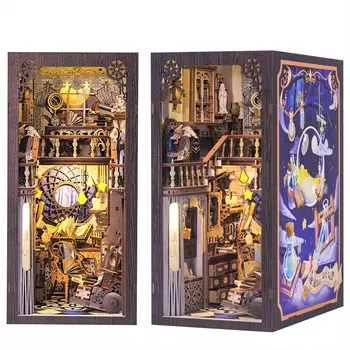 CRESYMME Миниатюрный кукольный домик книжный уголок комплект со светодиодной подсветкой и музыкальной шкатулкой DIY ручной работы 3D деревянный сарай головоломка для взрослых отдых (Комната туманности)