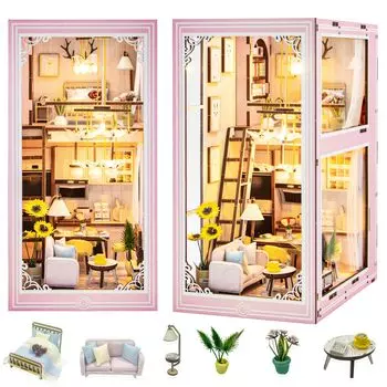 CRESYMME Миниатюрный кукольный домик книжный уголок комплект со светодиодной подсветкой и музыкальной шкатулкой DIY ручной работы 3D деревянная хижина головоломка для взрослых (Квартира Роуз)