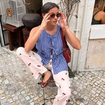 Crew Neck Bowknot Lace Up Blouse Stripe Loose Chic Puff Sleeveless Blouse Tops Ladies XL