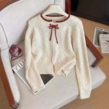 Crew neck knitted cardigan jacket women s spring and autumn new gentle and sweet bow straps long-sleeved top S/80-95
