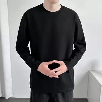 Футболка с круглым вырезом и длинными рукавами, однотонный мужской свободный свитер на весну и осень, белая утолщенная верхняя часть, футболка-боди S чёрный