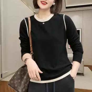 Crew Neck Long Sleeves Sweatshirt Female 2025 Spring and Autumn Best-Selling Classy Double-Sided Dralon Loose Slim Looking Casual Bottoming Shirt Classic black L