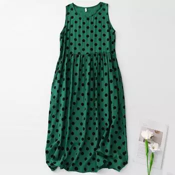 Crew neck sleeveless polka dot cotton and linen dress women s 2025 summer new age-reducing and thin medium and long quality vest skirt M