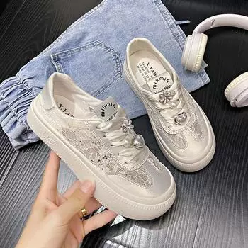 CRLAYDK 2024 летние женские кружевные жаккардовые сетчатые кроссовки на платформе со шнуровкой милые прогулочные скейтборды для женщин повседневные теннисные туфли 35