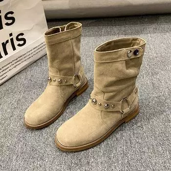 CRLAYDK 2024 Winter New Women s Flat Ankle Mid Top Suede Folding Boots Slip On Vintage Western Cowboy Fashion Cowgirl Booties 35