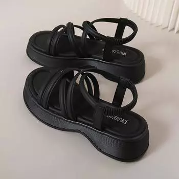 CRLAYDK 2024 Women s Casual Bohemian Elastic Ankle Strap Beach Walking Sandals Platform Open Toe Low Wedges Slip On Shoes 37