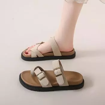 CRLAYDK 2024 Women Summer Sandals Retro Adjustable Flat Casual Slippers For Ladies Ring Open Toe Suede Slide Beach Flip-Flops 35
