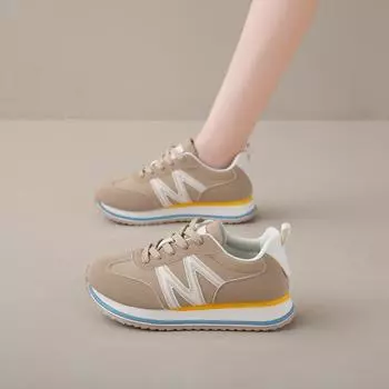 CRLAYDK Bread Sneakers for Women Letter Lace-up Platform Shoes Patchwork Fashion Walking Sport Casual Suede Running Tennis 35