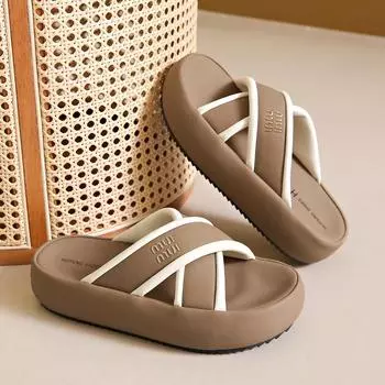 CRLAYDK Fashion Summer 2024 Women s Platform Slippers Comfort Crisscross Band Slides Beach Home Casual Open Toe Soft Sandals 35
