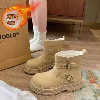 CRLAYDK Модные женские зимние ботинки Теплые зимние замшевые кожаные ботинки с пряжкой на меховой подкладке Ботильоны женские короткие туфли на платформе 35