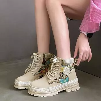 CRLAYDK Ретро женские модные ботинки на платформе до щиколотки плетеные туфли с рисунком на ребристой подошве женские боевые повседневные рабочие ботинки на шнуровке 35
