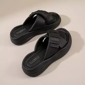 CRLAYDK Slides for Women Platform Comfortable Slip On Wedge Open Toe Soft Leather Slippers Summer Casual Walking Beach Shoes 35