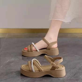 CRLAYDK Summer Women s Rhinestone Strap Sandals Walking Ankle Strap Fashion Platform Casual Slippers Soft Wedge Open Toe Shoes 35