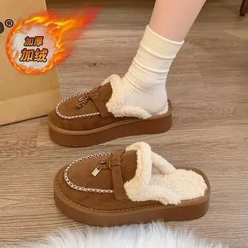 CRLAYDK Winter Fuzzy House Slieds Fur Lined Warm Shoes for Women Platform Indoor Ourdoor Bedroom Suede Soft Comfy Slippers 35