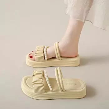 CRLAYDK Womens Flat Pearls Sandals Fashion Open Toe Slides Fold Strap Summer Platform Slippers Casual Walking Beach Shoes 37