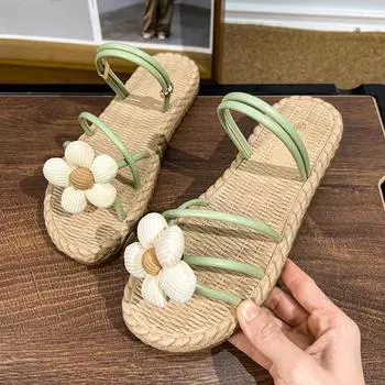 CRLAYDK женские сандалии на плоской подошве, летние нарядные повседневные тапочки с цветочным принтом и кожаным ремешком телесного цвета, милые бохо-слайды для отпуска 35