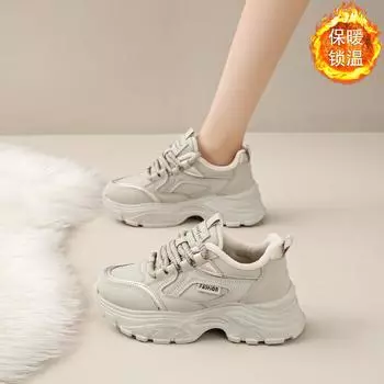 CRLAYDK женские зимние кроссовки на толстой подошве с тонкой меховой подкладкой, удобные кроссовки для ходьбы, повседневные кожаные туфли на танкетке, спортивные теннисные туфли для женщин 34