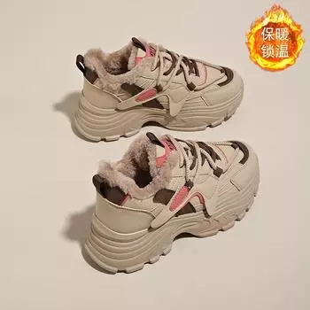 CRLAYDK Зимние кроссовки на толстом меху для женщин, модные теплые повседневные туфли на платформе для папы, спортивные ботинки для ходьбы на танкетке 34