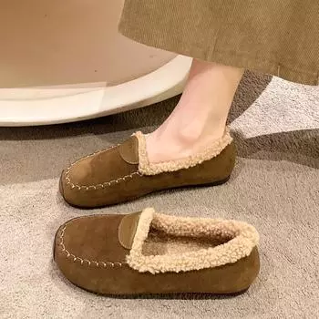 CRLAYDK зимние женские мягкие мокасины с подкладкой из искусственного меха замшевые домашние теплые мокасины для улицы и дома без застежек женские рабочие туфли на плоской подошве 35