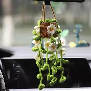 Crochet Plants Vine Hanging Basket Artificial Flowers Handmade Gift For Her Room Home Wall Decor Car Mirror Ornament Accessories светло-серый