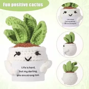 Crocheted Doll Cactus Succulent Doll with Cheer-up Card Tabletop Ornament Positive Crochet Figurine белый