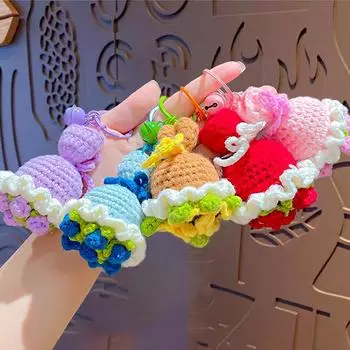 Crocheted Rose Small Bell Creative Keychain Fashion Key Rings Holders Ornament Knitted Flower Bouquet Gift Accessories