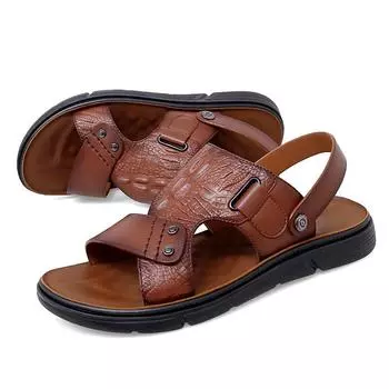 Crocodile pattern Black Men Sandals Brown Summer Men s Sandals Slippers Beach Genuine Leather Handmade Men Shoes Size 38-44 38 чёрный