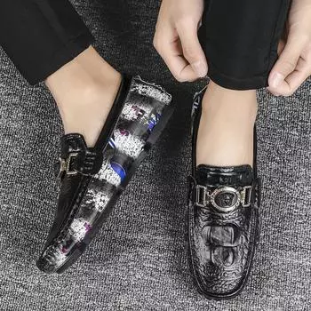 Crocodile pattern cowhide Doudou shoes men s casual leather shoes breathable soft-soled British lazy shoes Korean version of trendy loafers 38