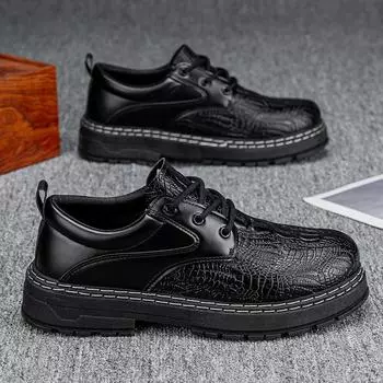 Crocodile pattern men s shoes spring 2025 new soft leather lace-up trend men s leather shoes casual British business leather shoes 39 чёрный