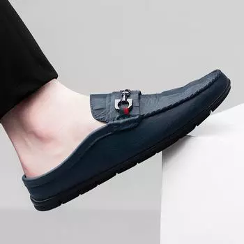 Crocodile Pattern Men s Slippers Genuine Leather Muller Shoes Outdoor Man Loafers Non-slip Casual Half Shoes Fashion Lazy Flats 37 чёрный