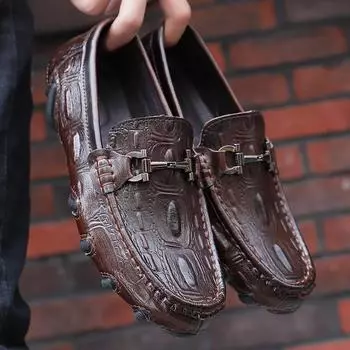 Crocodile Pattern Men Summer Loafers Casual Leather Driving Footwear Moccasins Slip on Man Casual Footwear Handmade Walking Shoe 38 чёрный
