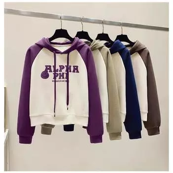 Укороченная толстовка с капюшоном, женская, новая весна и осень, корейская версия, свободный модный принт, контрастный нишевый повседневный топ S коричневый