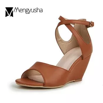 Cross Band Ankle Buckle Strap Wedges Sandals Women Solid Leather Flip Flops OL Dress Footwear Height Increase Shoes Summer 5 абрикосовый
