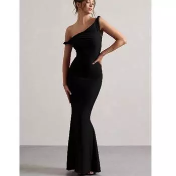 Cross-Border Fashion Fashion Sexy off-Neck Knot Silm Sheath Elegant Graceful Dress Evening Long Dress Women Black M
