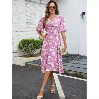 Cross-Border Foreign Trade Women s Clothing 2025 Summer Rayon Printed V-neck Short Sleeve Waist-Controlled Dress Bohemia Beach Dress Purple M