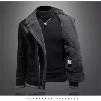 Cross Border и новая мужская куртка больших размеров с меховой отделкой, повседневная, черная и плюшевая, толстая куртка 4XL чёрный